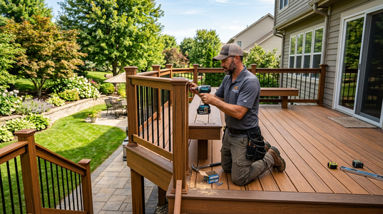 Composite Deck with Railing and Bench Seating + Landscaping